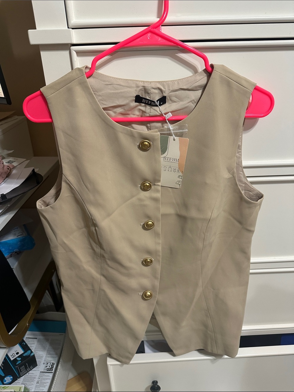 Tan Sleeveless Button Front Shell Top